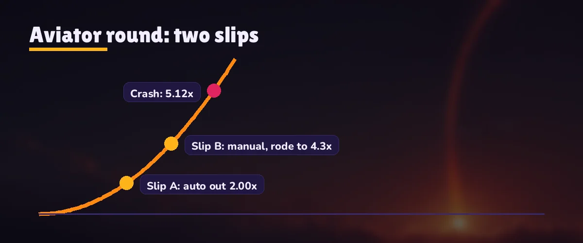 Rising Aviator multiplier line marking where a 2x auto cash-out closes the first slip