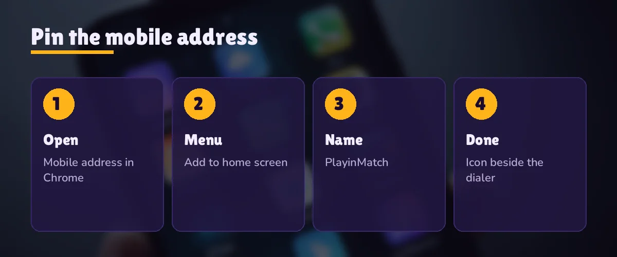 Phone home screen with the PlayinMatch shortcut placed in the dock beside the dialer and WhatsApp icons