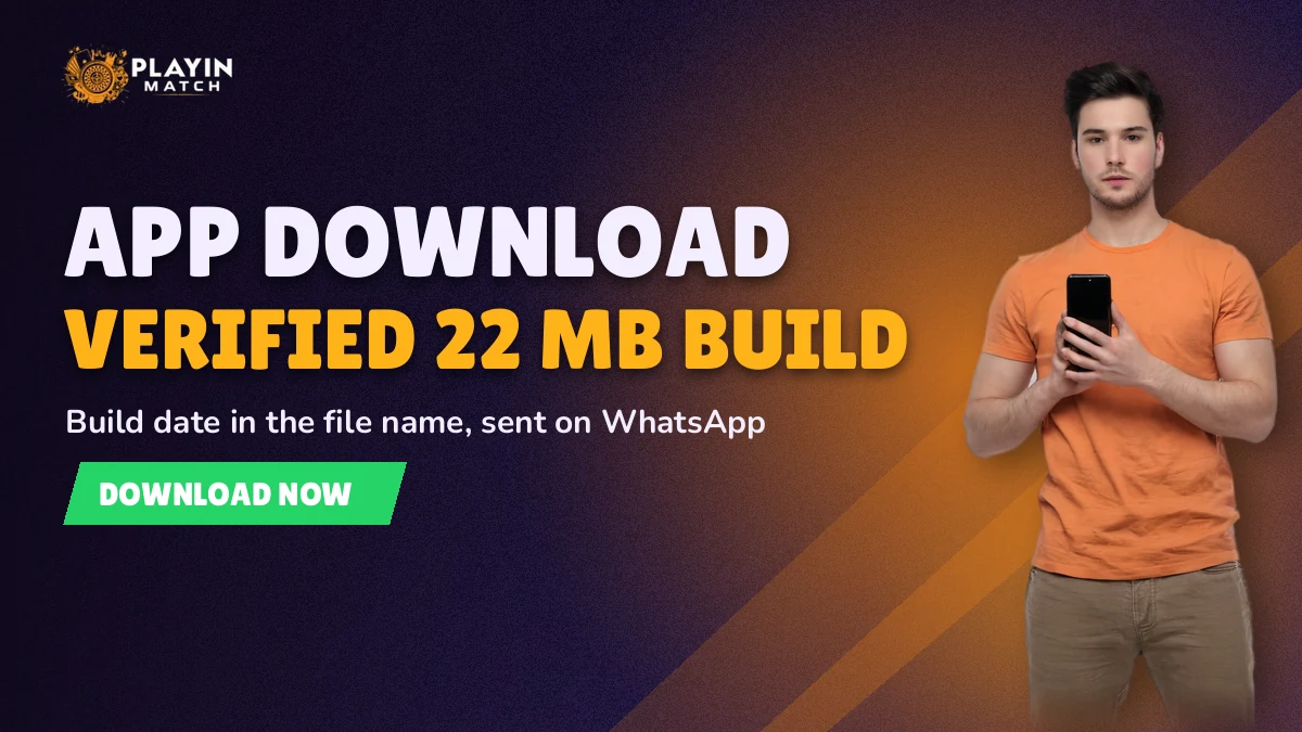 Smiling adult fan holding one Android phone that shows the dated PlayinMatch APK file in a chat