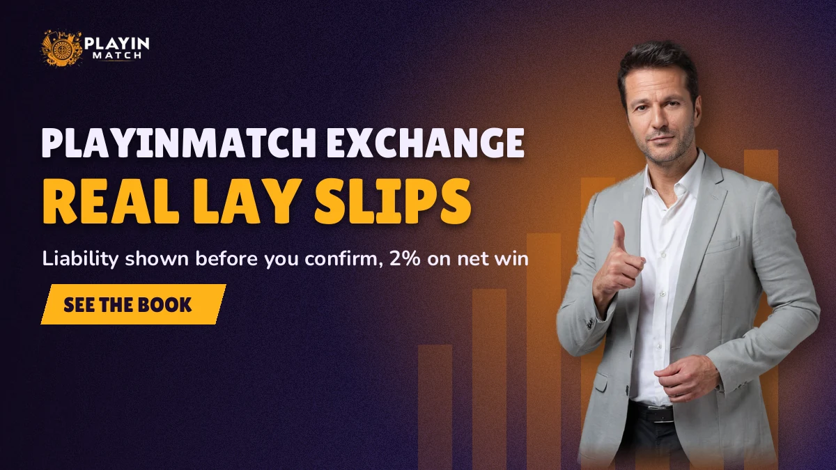 Cricket lay slip on the PlayinMatch exchange with the liability figure printed beside the stake