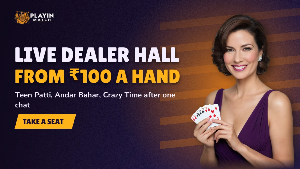 Smiling casino hostess beside a card table lit in violet and gold tones