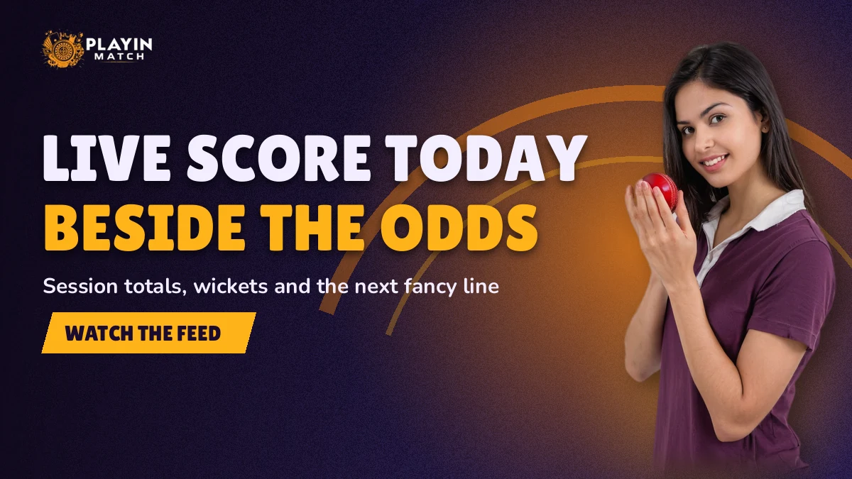 Cricket score strip with a session run total sitting above an exchange market