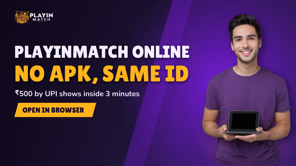Adult cricket fan smiling at a phone browser showing the PlayinMatch online lobby