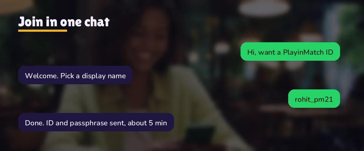 Four chat bubbles tracing a PlayinMatch join from the first hello to the username and password reply