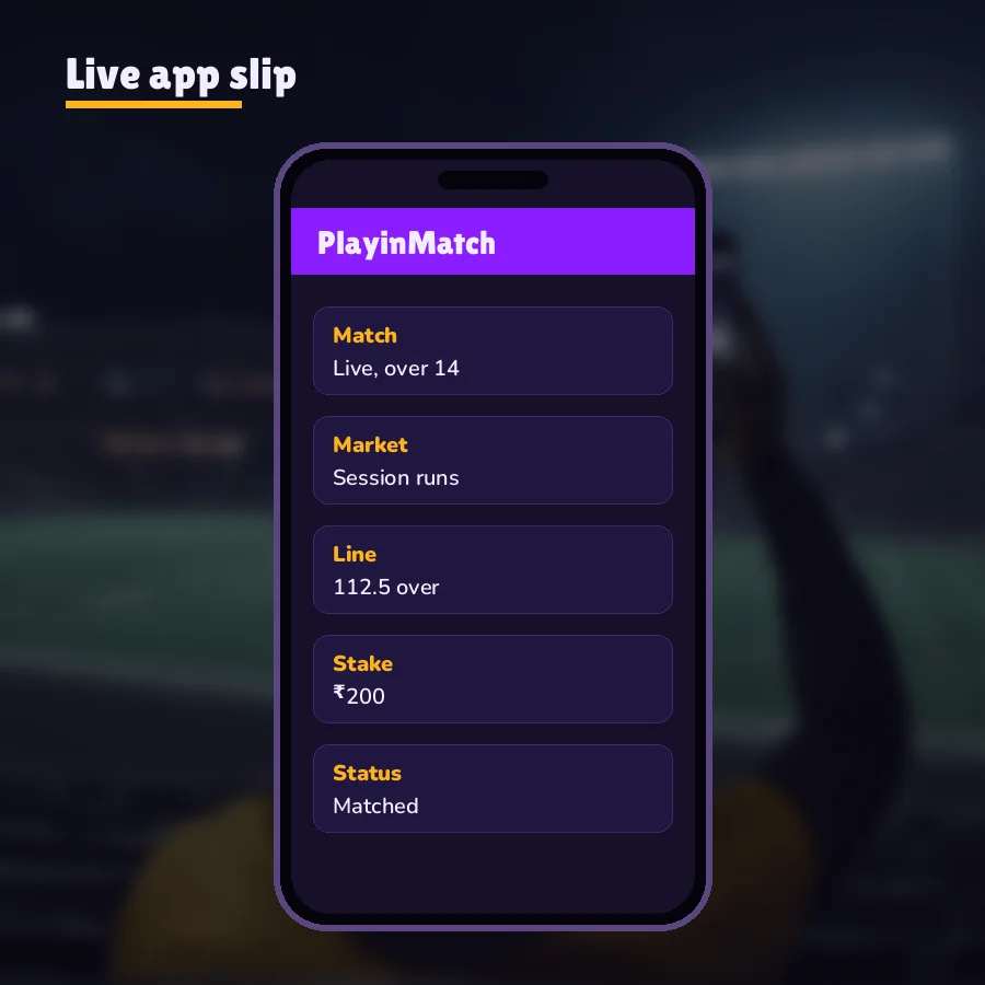 In-play bet slip in the PlayinMatch live app with stake box and return line filled in