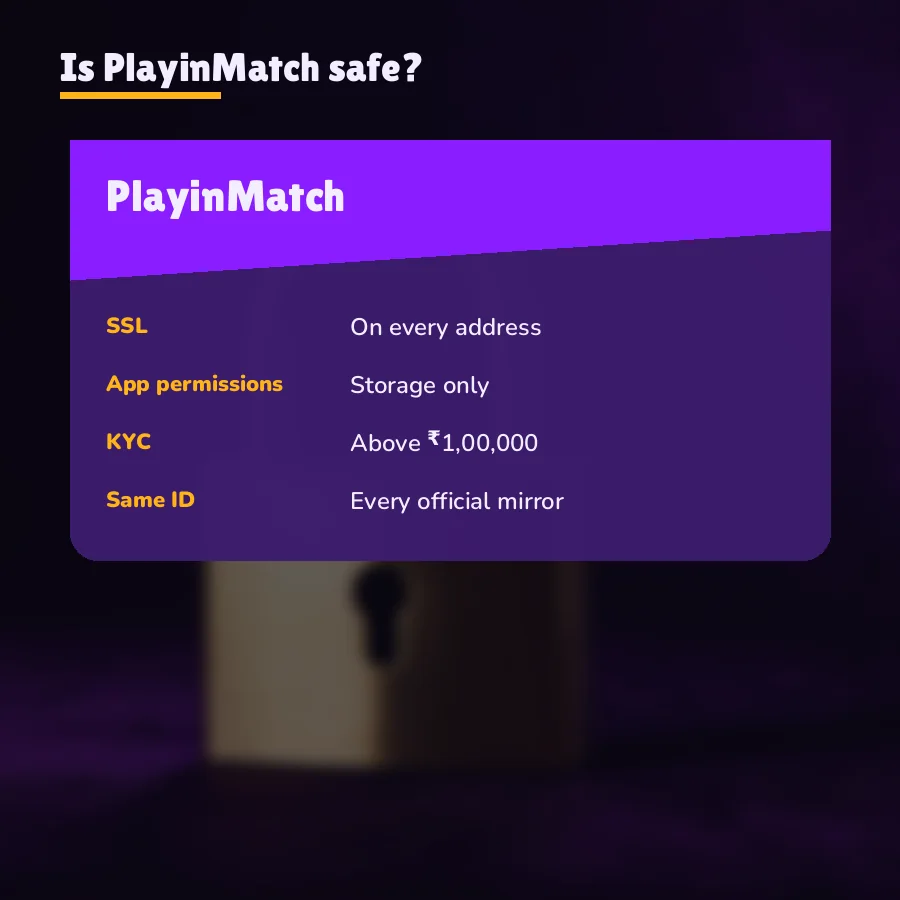 Five-row PlayinMatch safety verdict covering SSL, storage permission, payouts, the KYC line and mirrors