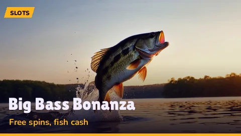 Large cartoon bass leaping out of water beside fishing reels