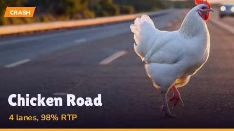 Chicken Road tile with a cartoon chicken crossing violet traffic lanes