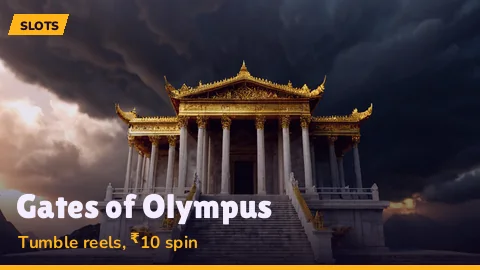 Marble temple gates with a thunder god above tumbling slot symbols