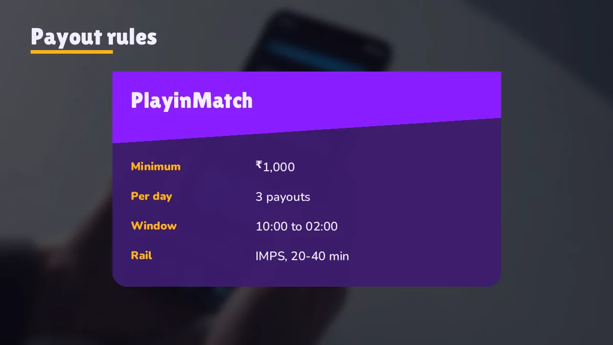 Phone banking screen showing an IMPS credit from a PlayinMatch withdrawal next to the request time